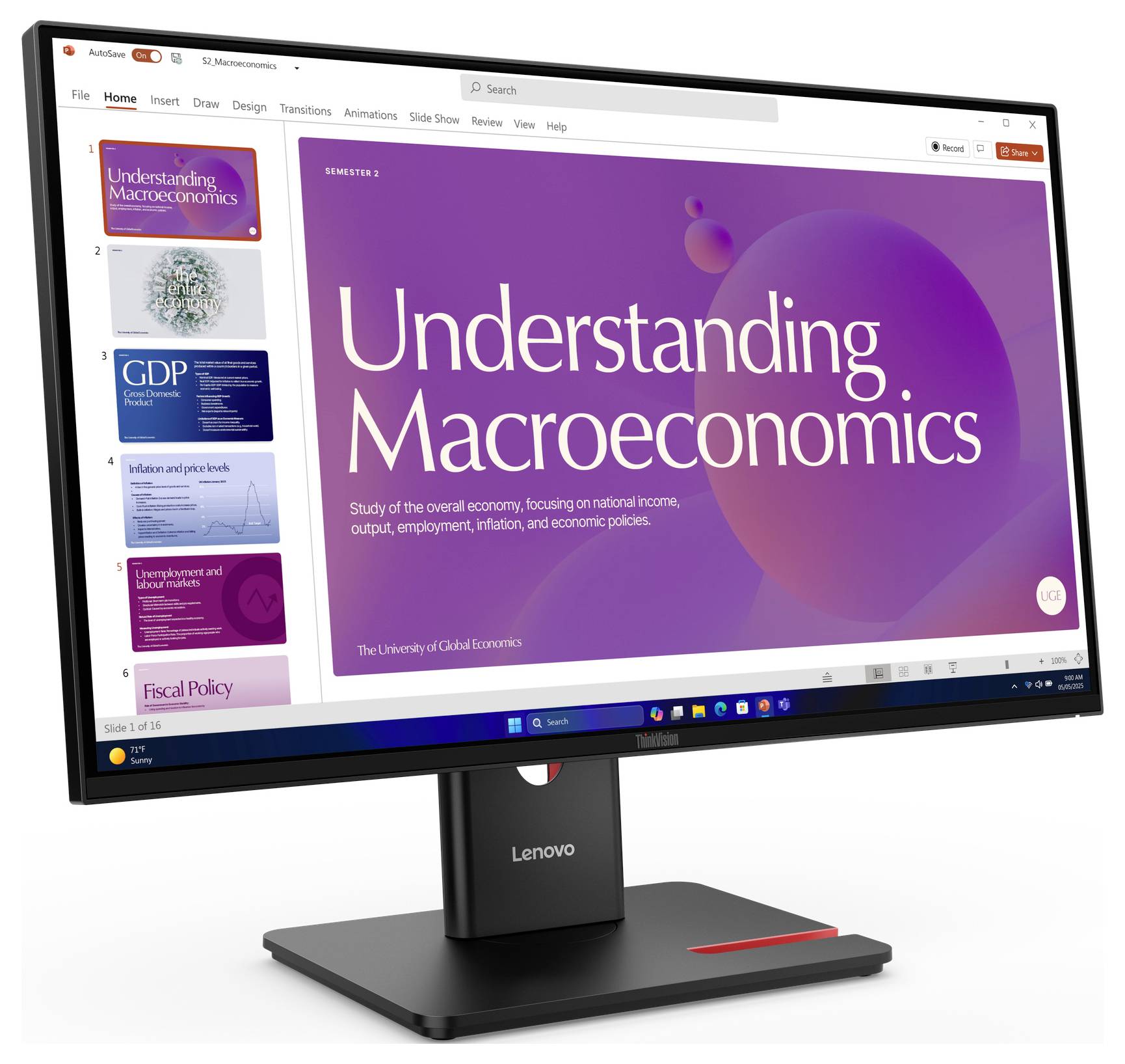 Ein Lenovo-Monitor zeigt eine Präsentationsfolie mit dem Titel „Understanding Macroeconomics