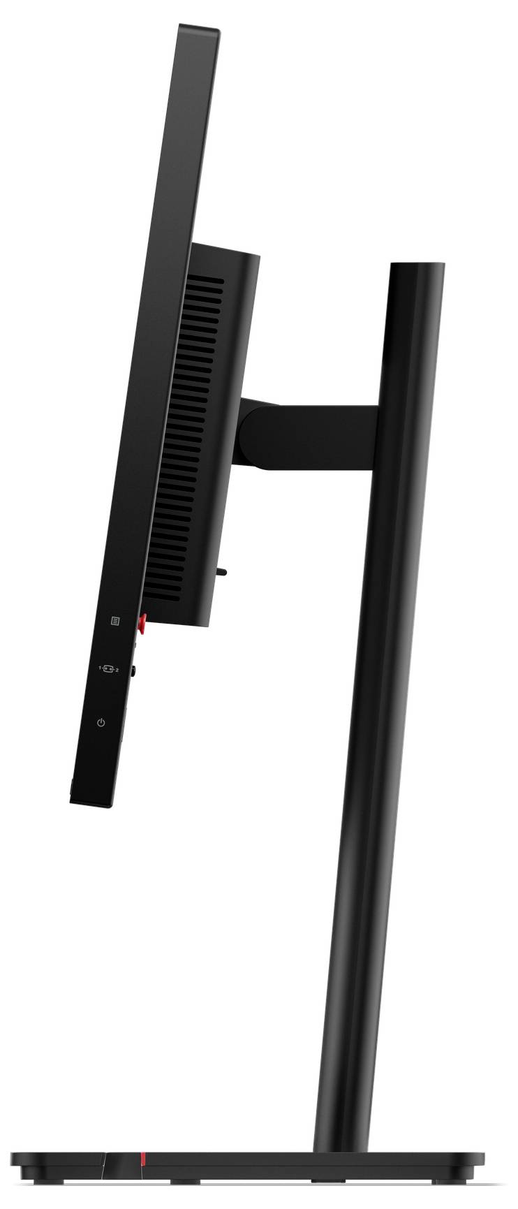 Seitenansicht eines schwarzen Desktop-Monitors auf einem Ständer, die das dünne Display, die hinteren Lüftungsöffnungen und die Basis zeigt.