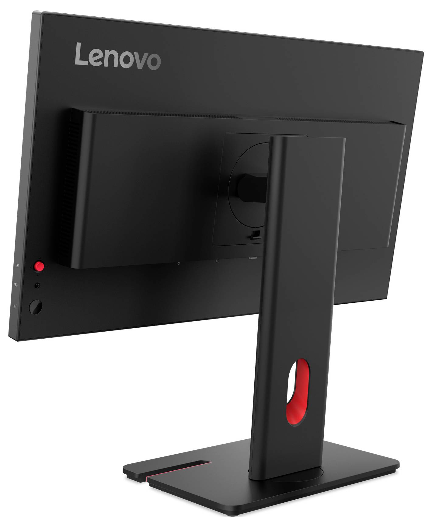 Rückansicht eines schwarzen Lenovo-Desktopmonitors auf einem Ständer, der die Rückseite, die Belüftung und die Kabelmanagement-Öffnung zeigt.
