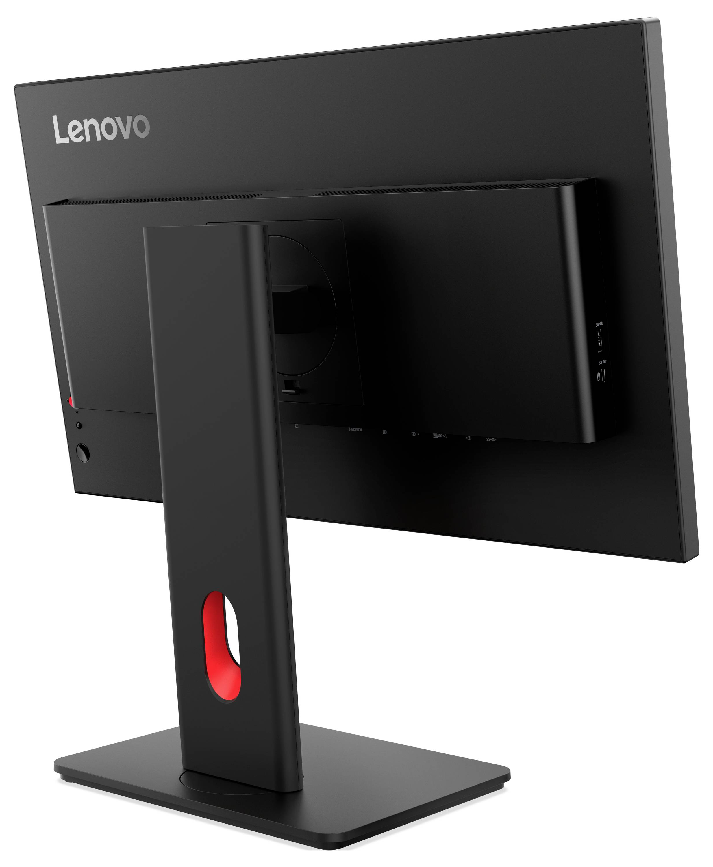 Rückansicht eines Lenovo-Desktop-Monitors auf einem schwarzen Ständer mit Kabelmanagement-Ausschnitt und sichtbaren Anschlüssen auf der Rückseite