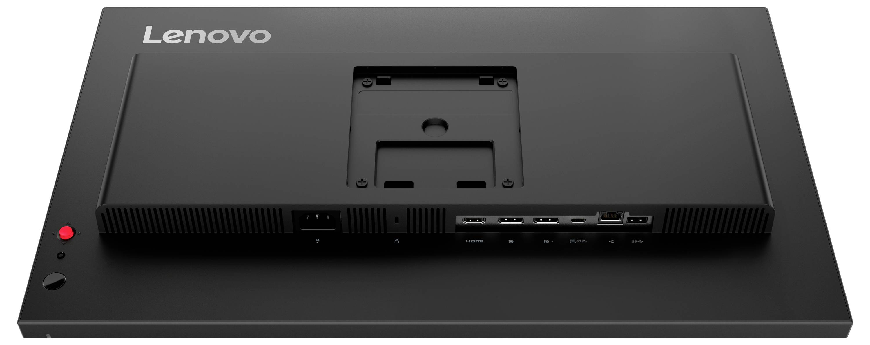 Rückseite eines Lenovo-Monitors auf seinem Ständer, zeigt Kabelanschlüsse und Montageklammer, mit einer roten Stromanzeigeleuchte unten links.