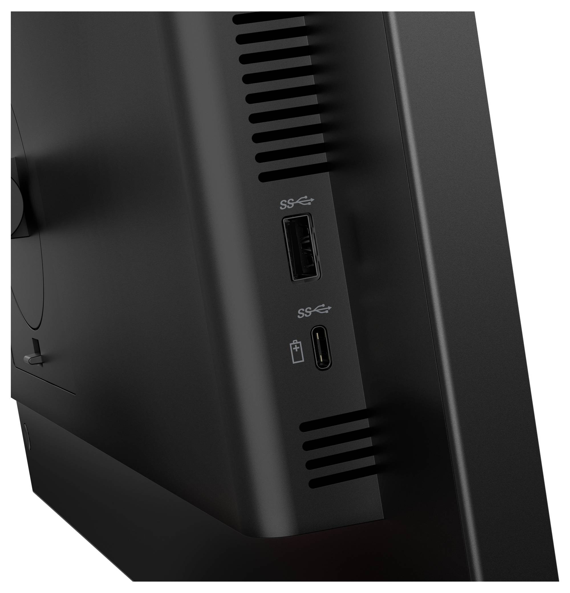 Nahaufnahme eines Monitor- oder Geräteseitenpanels mit einem USB-A-Anschluss und einem USB-C-Anschluss, beide gekennzeichnet mit SS für SuperSpeed.