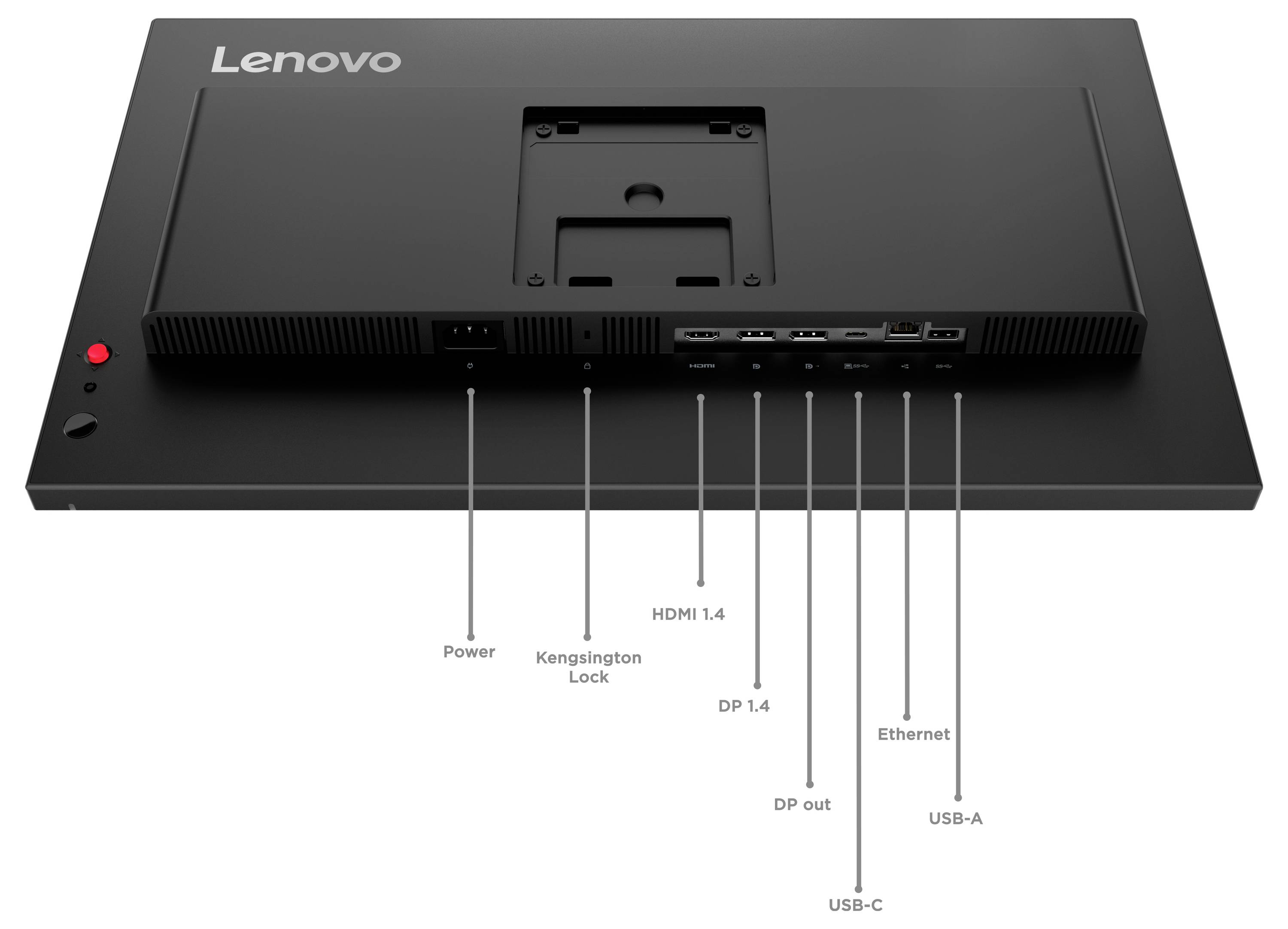 Rückansicht eines Lenovo-Monitors mit beschrifteten Anschlüssen: Stromversorgung, Kensington-Schloss, HDMI 1.4, DP 1.4, DP-Ausgang, USB-C, Ethernet und USB-A.