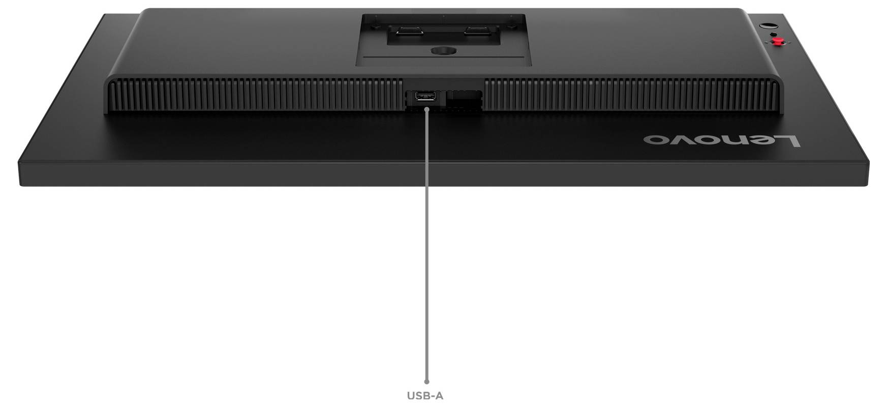 Rückansicht eines Lenovo-Monitors mit einem zentrierten USB-A-Anschluss, an dem ein Kabel angeschlossen ist, und der Bezeichnung „USB-A