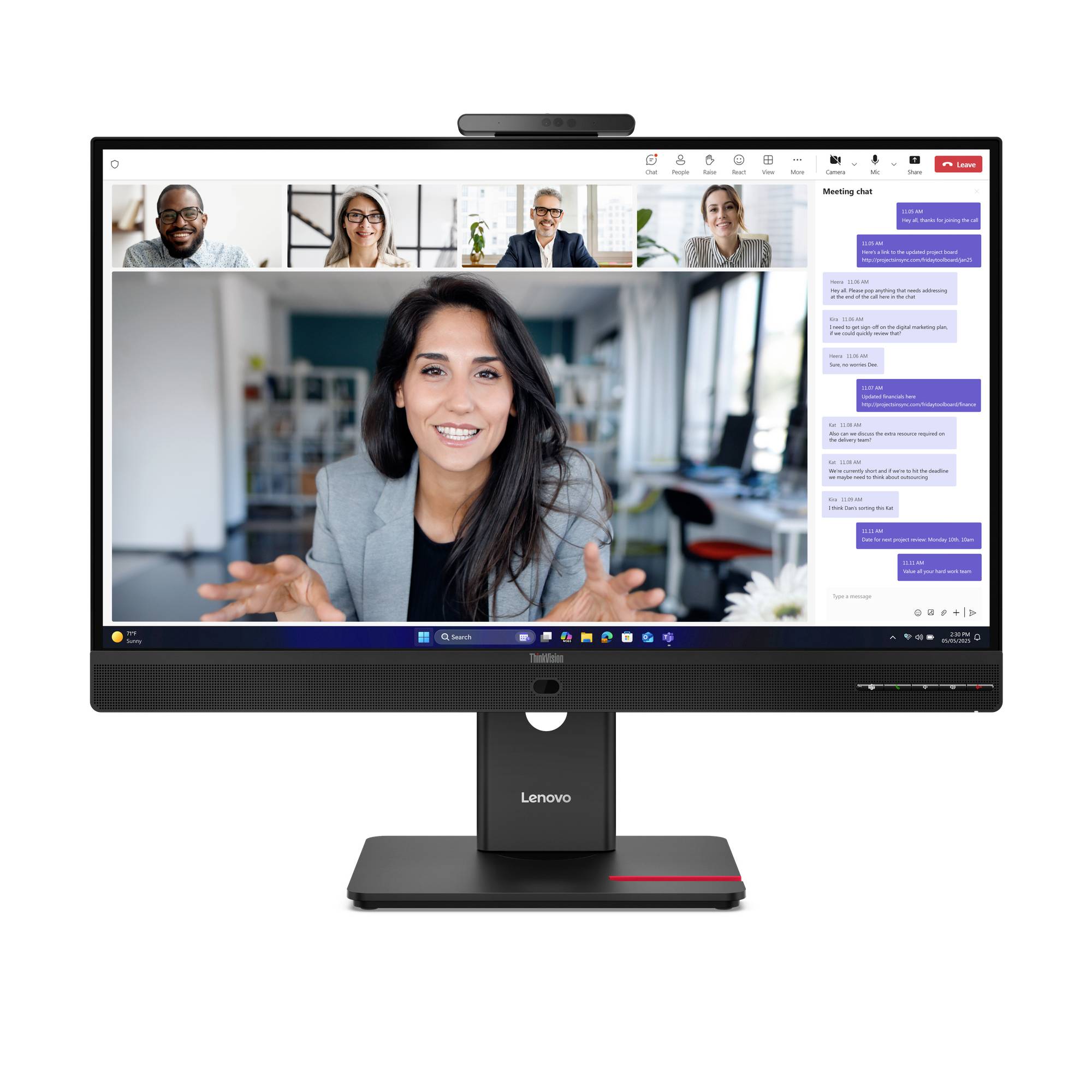 Desktop-Monitor mit Videokonferenz: vier Teilnehmer in Miniaturbildern, Hauptredner zentriert, mit Chatfenster auf der rechten Seite.