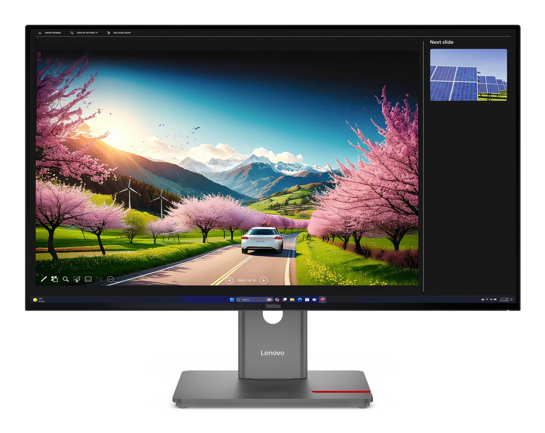 Lenovo-Monitor zeigt eine lebendige Landschaft eines Autos, das auf einer Straße durch rosa Kirschblüten in Richtung schneebedeckter Berge bei Sonnenaufgang fährt, mit einem kleinen 