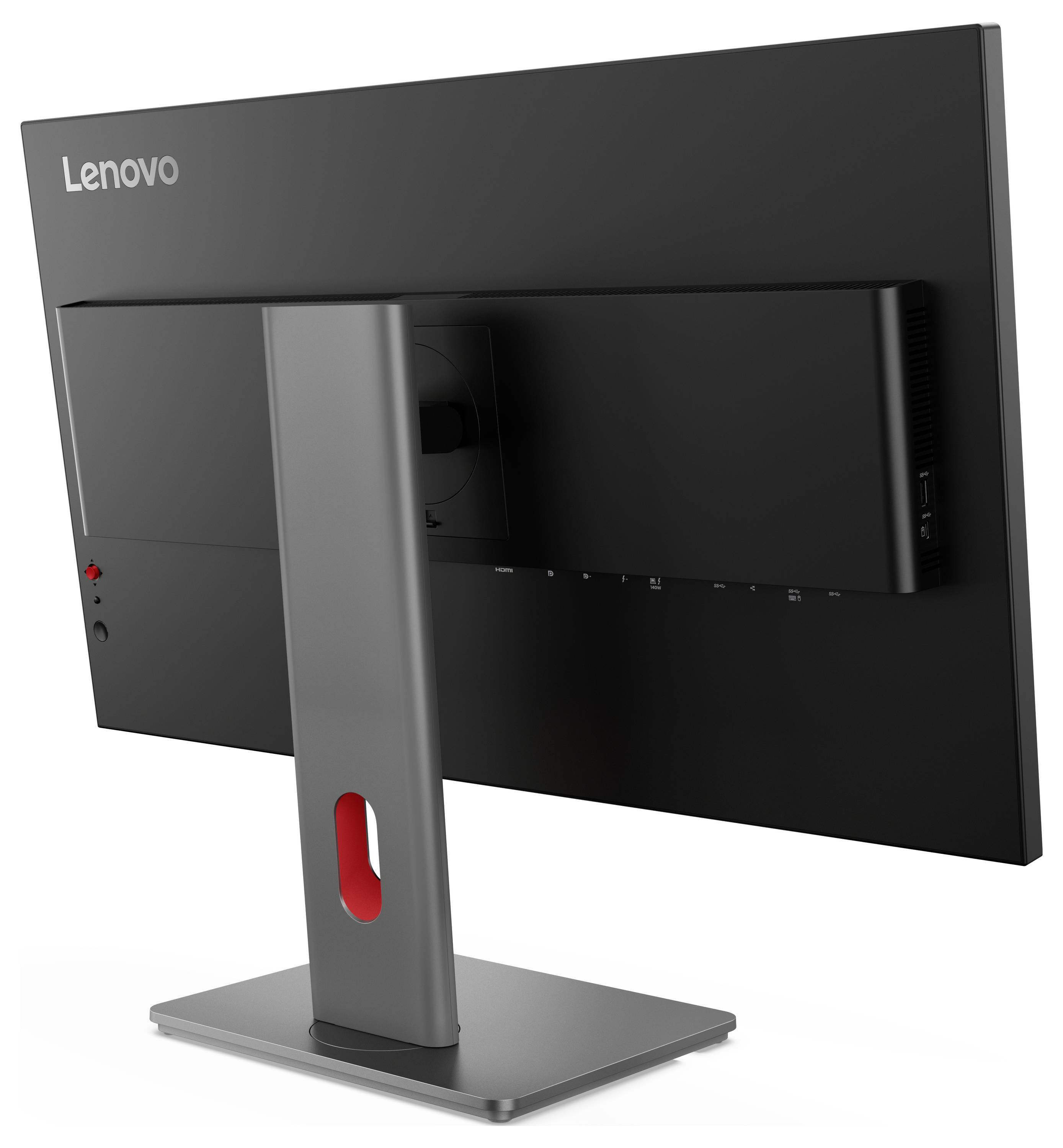 Rückansicht eines Lenovo-Desktop-Monitors auf einem grauen Ständer, die Anschlüsse und Belüftung auf der Rückseite zeigt.