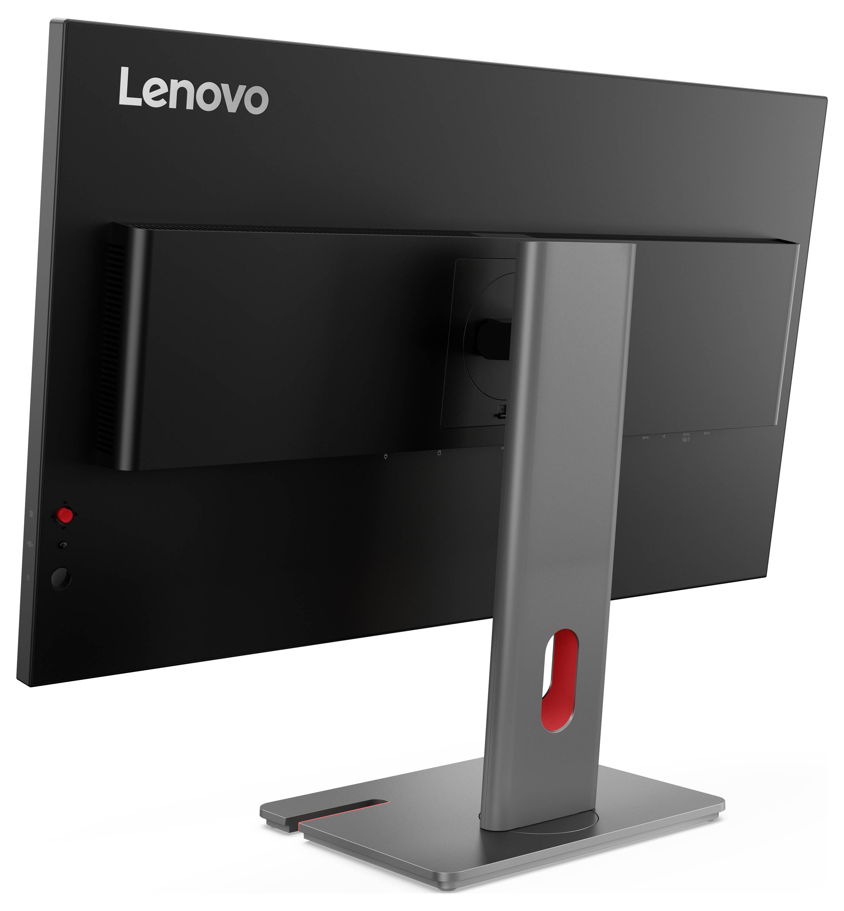 Rückansicht eines Lenovo-Desktop-Monitors mit grauem Ständer und Kabelmanagement-Slot auf weißem Hintergrund.