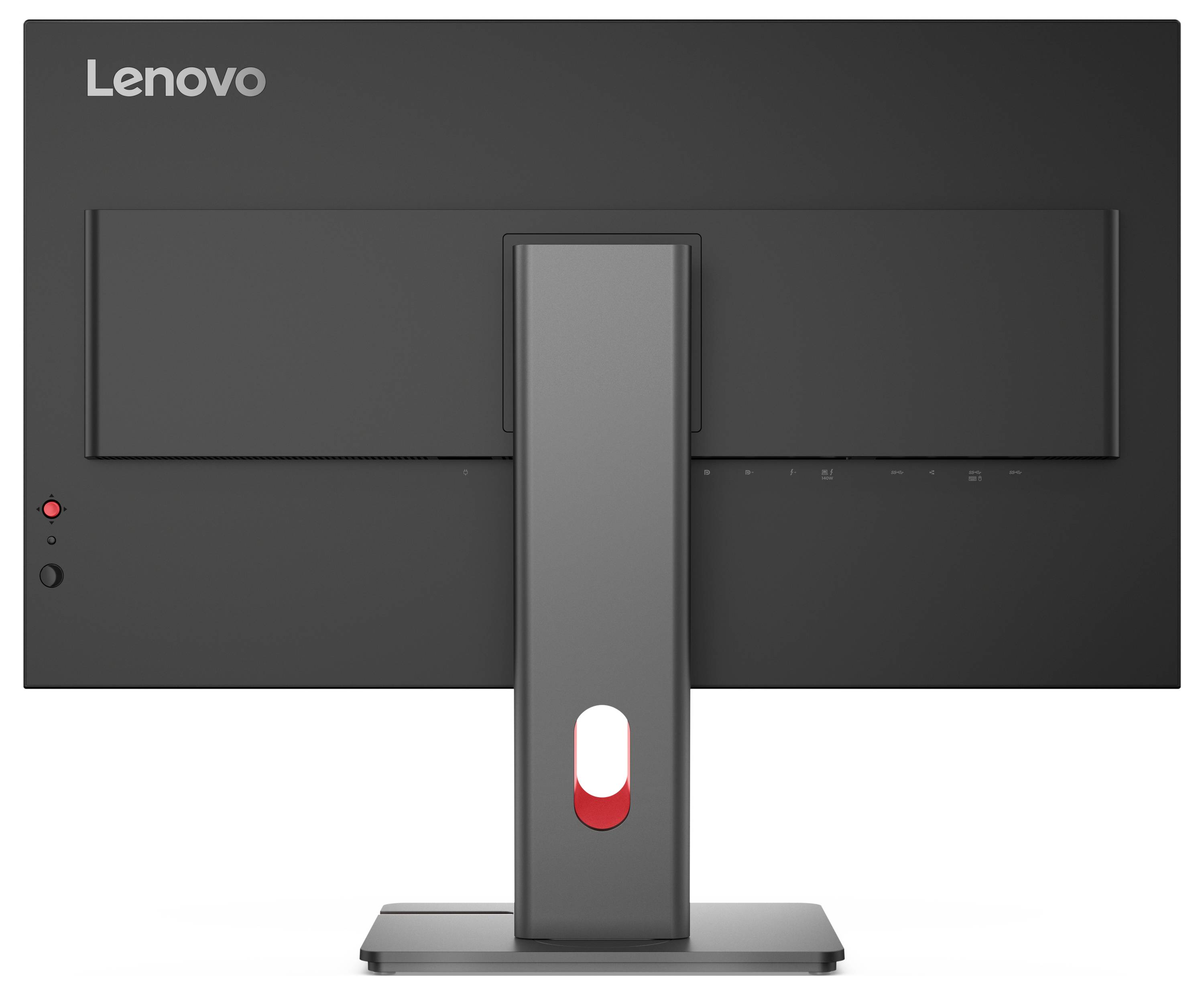 Rückansicht eines Lenovo-Monitors mit zentralem Ständer und roter Betriebsanzeige auf der dunkelglänzenden Displayrückseite.