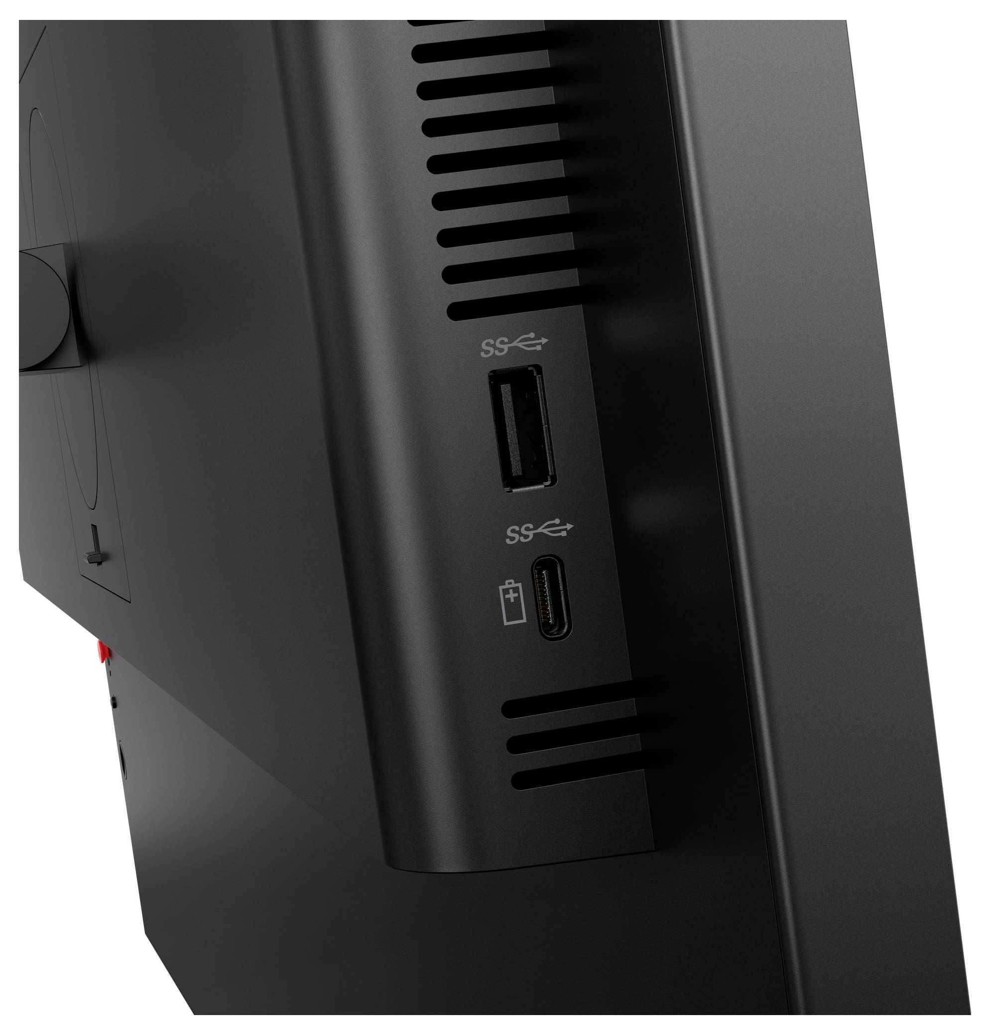 Nahaufnahme einer schwarzen Computergeh­äusevorderseite mit USB-A- und USB-C-Anschlüssen und Lüftungsschlitzen.