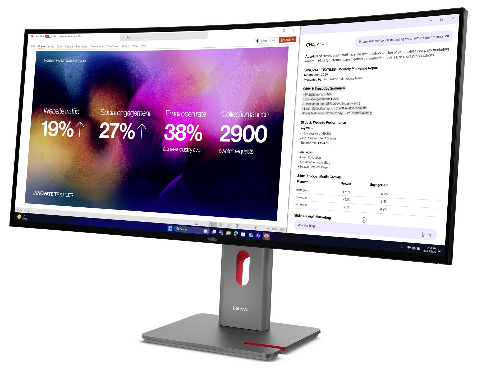 Ein Lenovo-Monitor zeigt ein Marketing-Dashboard mit Website-Traffic 19%, Social Engagement 27%, E-Mail-Öffnungsrate 38% und Collection Launch 2900 soziale Anfragen, zusammen mit einem Berichtszusammenfassungs-Panel.