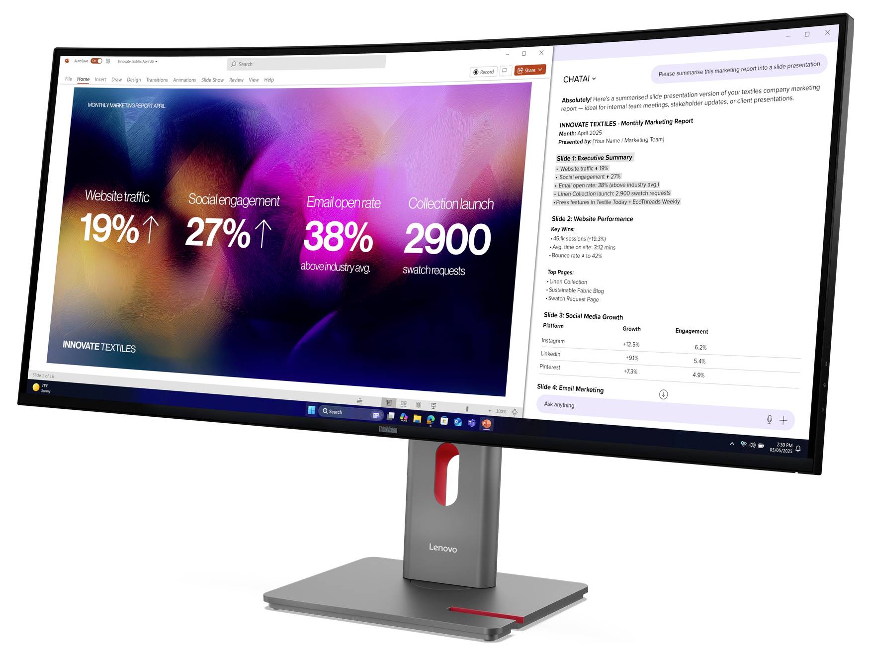 Ein Lenovo-Monitor zeigt ein Marketing-Dashboard mit Website-Traffic, Social-Media-Engagement, E-Mail-Öffnungsrate und Metriken zum Sammlungsstart neben einem Textbericht.