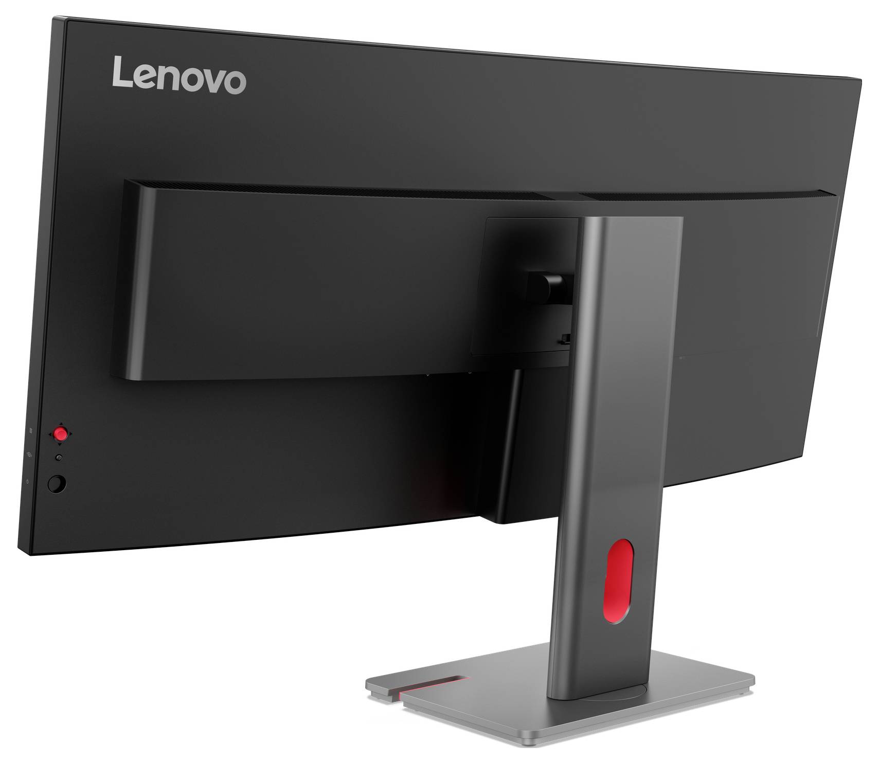Rückansicht eines Lenovo-Computermonitors auf einem Ständer, der die Rückseite, den verstellbaren Arm und die rote Akzenttaste auf dem Sockel zeigt.