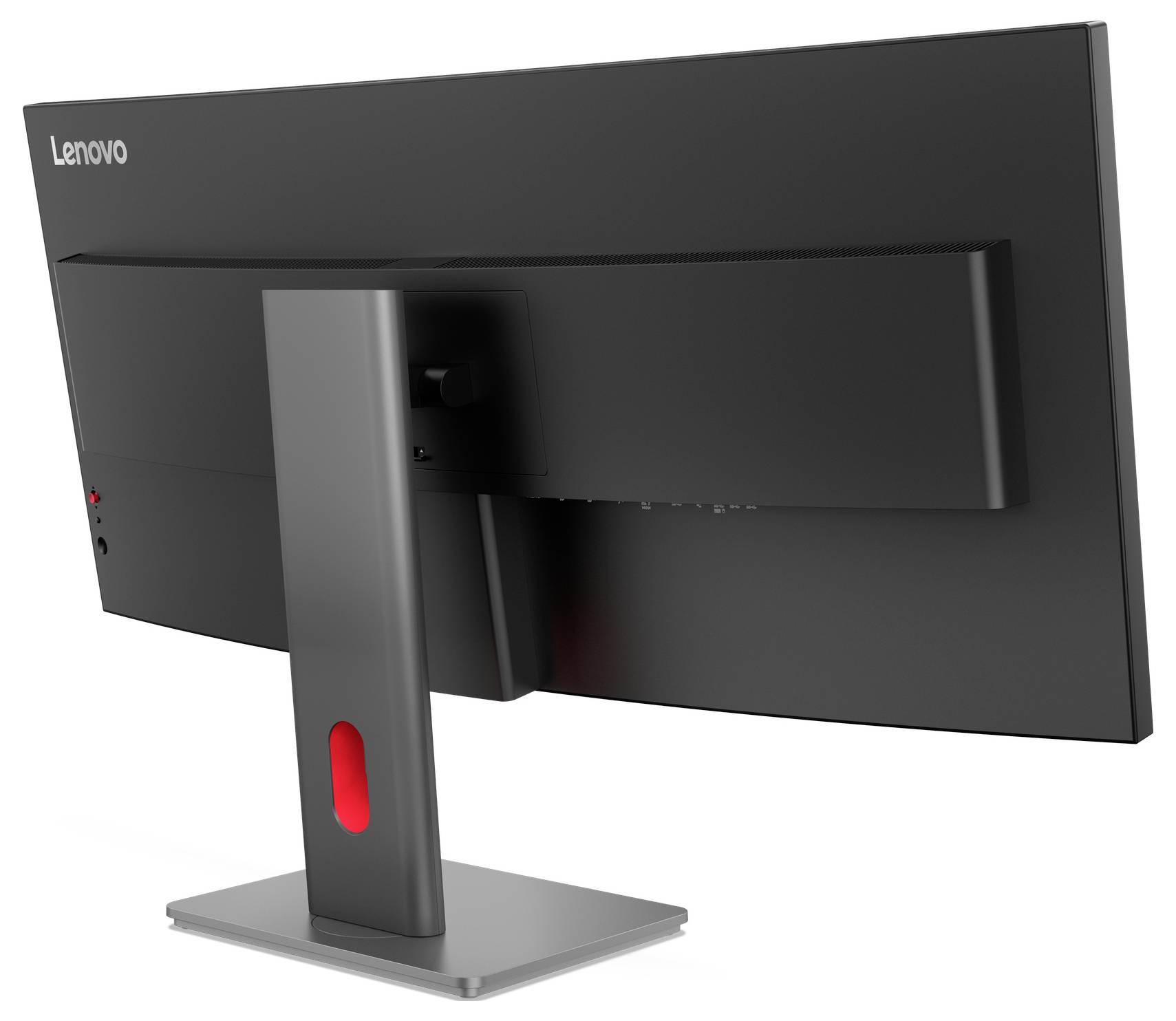Rückansicht eines Lenovo-Computermonitors auf einem Ständer, der die Rückwand, die zentrale Halterung und den Sockel vor weißem Hintergrund zeigt.
