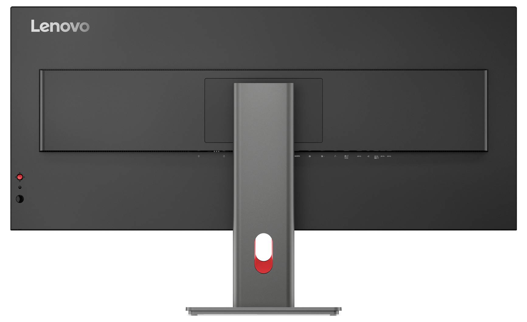 Rückansicht eines Lenovo-Computermonitors mit einem zentralen Ständer und einer Kabelmanagement-Öffnung.