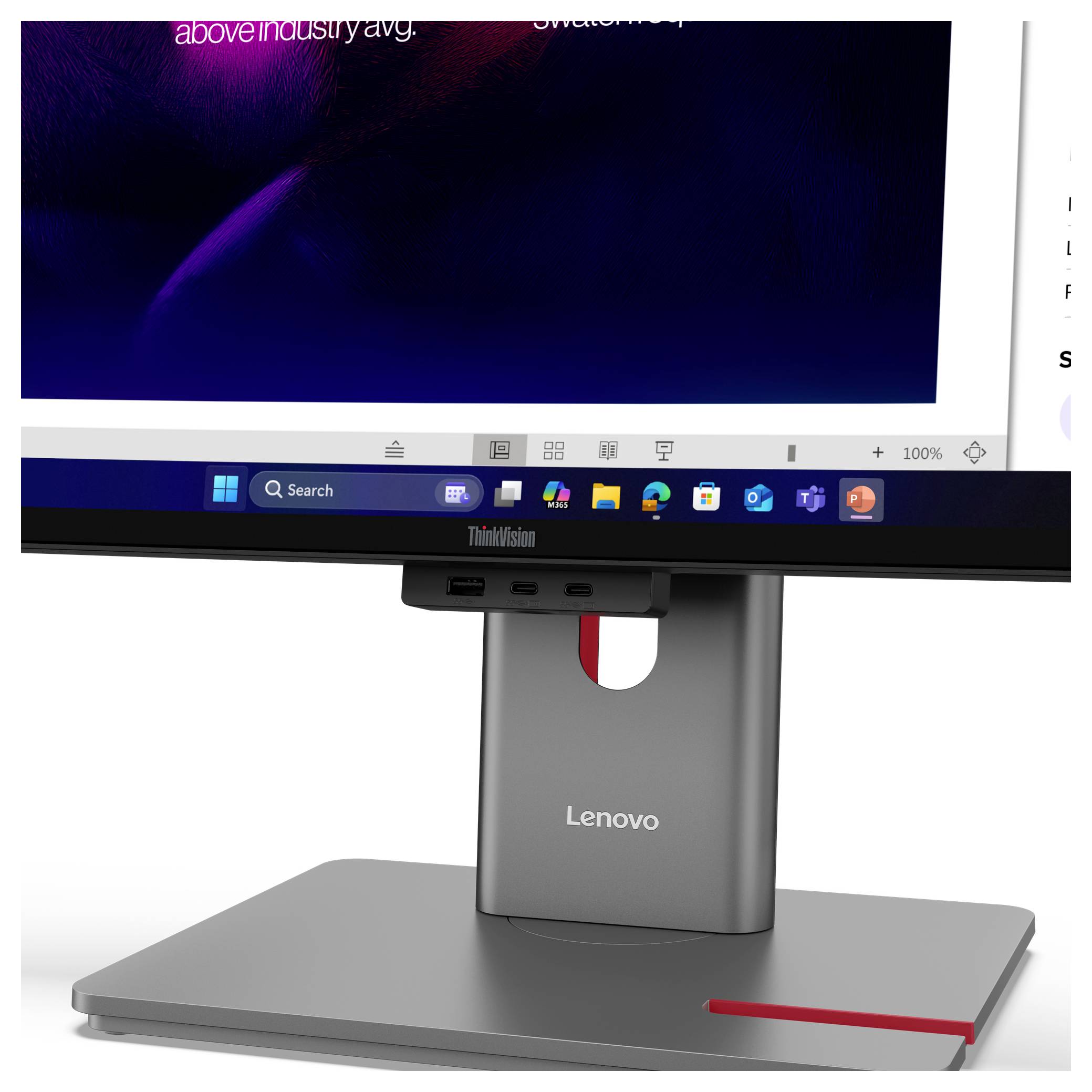 Lenovo ThinkVision Monitor auf einem Ständer, der einen Windows-Desktop mit App-Symbolen und einer Suchleiste anzeigt.