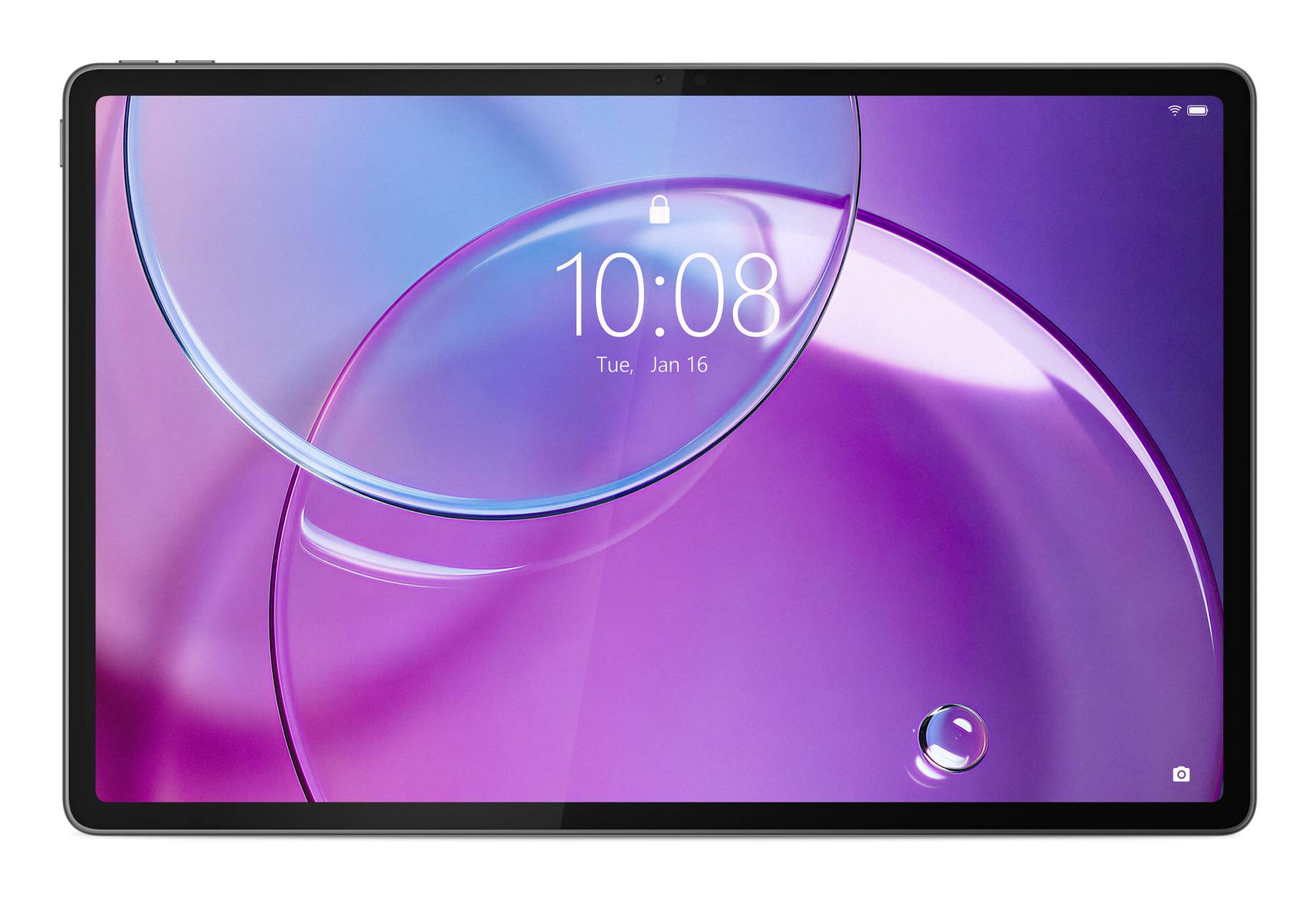Tablet-Startbildschirm mit violettem abstraktem Hintergrund, zeigt die Uhrzeit 10:08 und das Datum Di., 16. Jan., mit einem Schlosssymbol in der oberen Mitte.