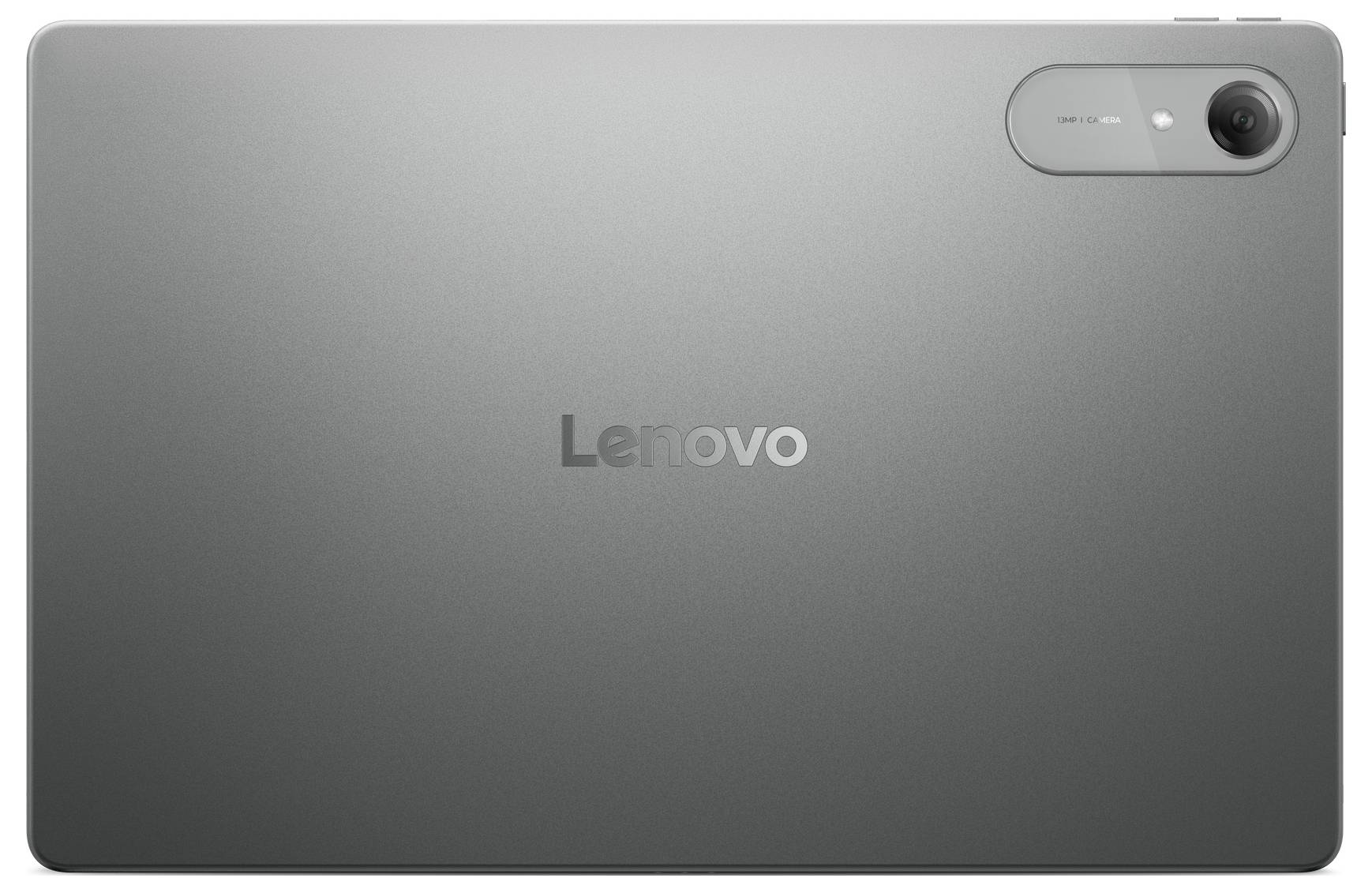 Rückseite eines grauen Lenovo-Tablets mit dem zentrierten Lenovo-Logo und einem Kameramodul oben rechts.
