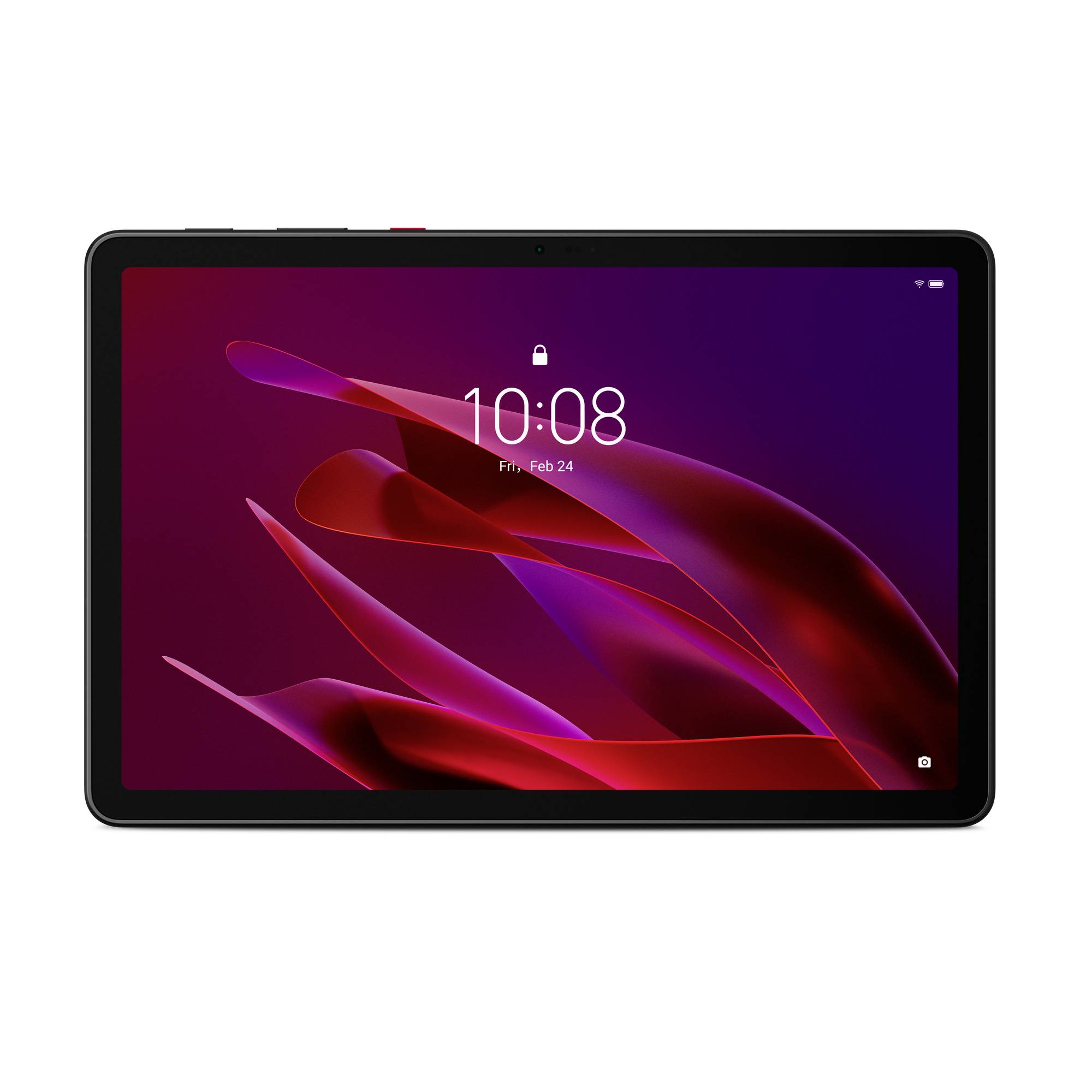 Schwarzes Tablet im Querformat, das einen Sperrbildschirm mit der Uhrzeit 10:08 und dem Datum Freitag, 24. Februar auf einem roten und violetten abstrakten Hintergrund anzeigt.