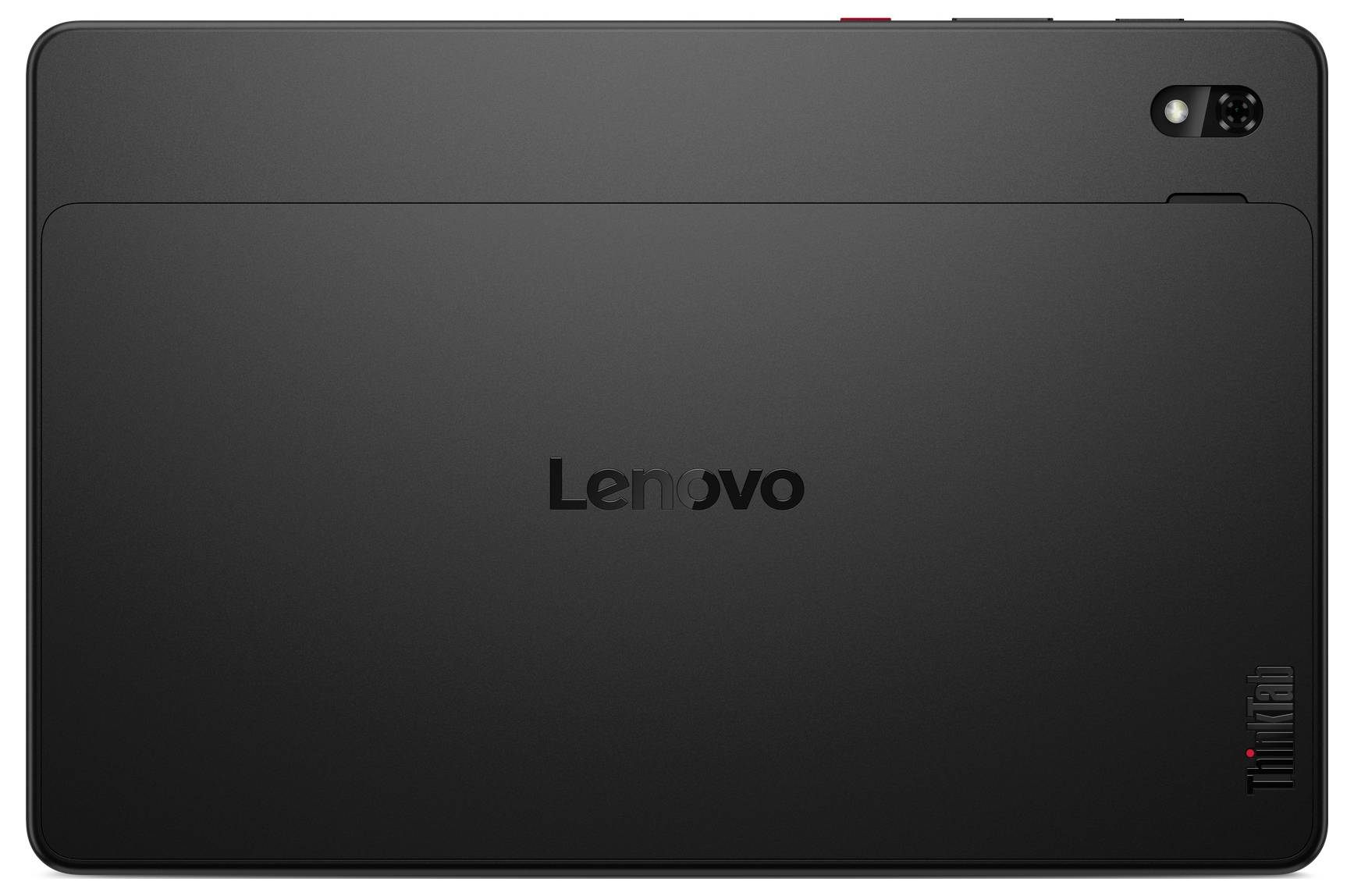 Schwarzes Lenovo-Tablet von hinten gezeigt, mit rückseitiger Kamera und zentriertem Lenovo-Logo.