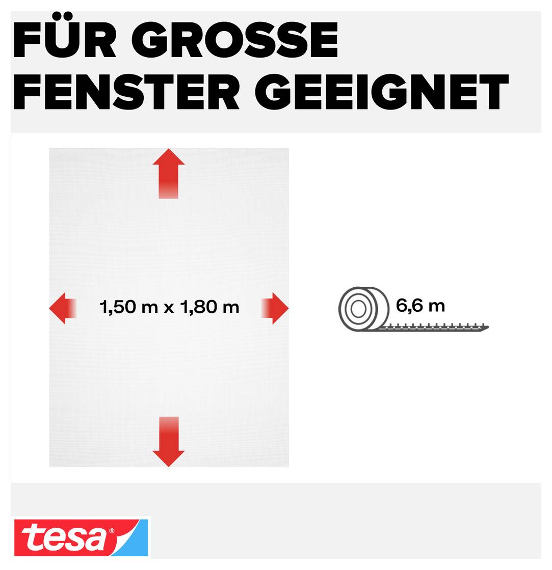 Für große Fenster geeignetFenstergröße: 1,50 m x 1,80 mRollenlänge: 6,6 mTesa