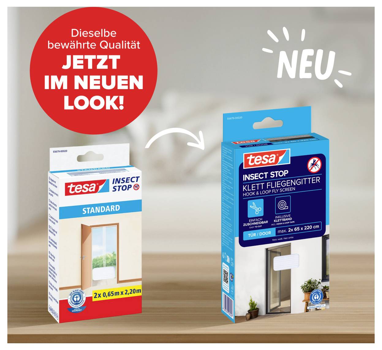Anzeige, die die Neugestaltung der tesa Insect Stop Verpackung zeigt: alte „STANDARD