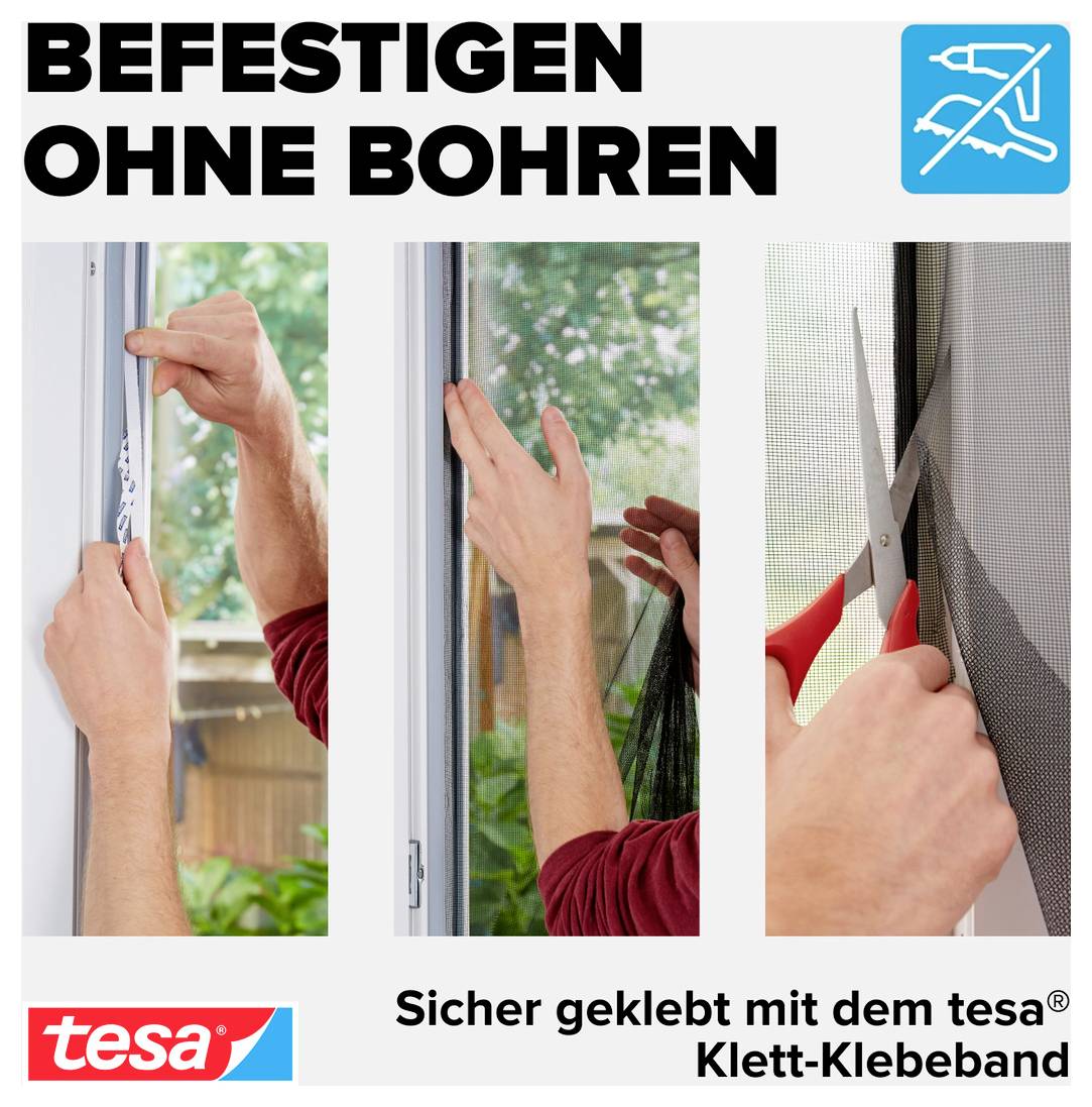 Hände befestigen ein Fenster-Fliegengitter mit Klebeband; die Überschrift sagt „Befestigen ohne Bohren