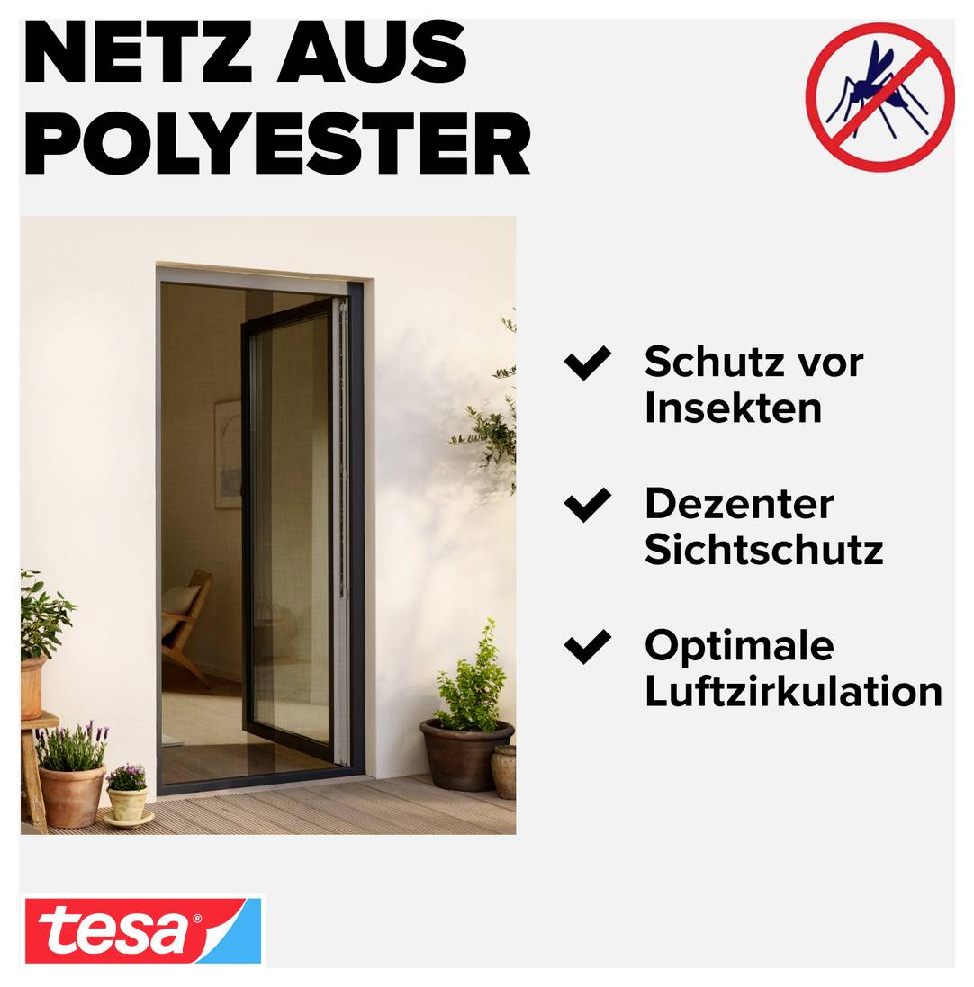 Offene Türöffnung mit Maschensieb, Text „NETZ AUS POLYESTER