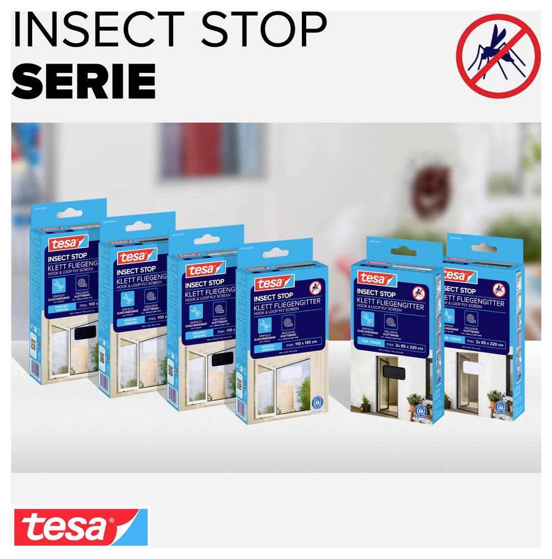 Tesa 'Insect Stop' Serienverpackung mit sechs Fliegenscreen-Produkten, mit einem Mücken-Verbotssymbol und Markenlogo.