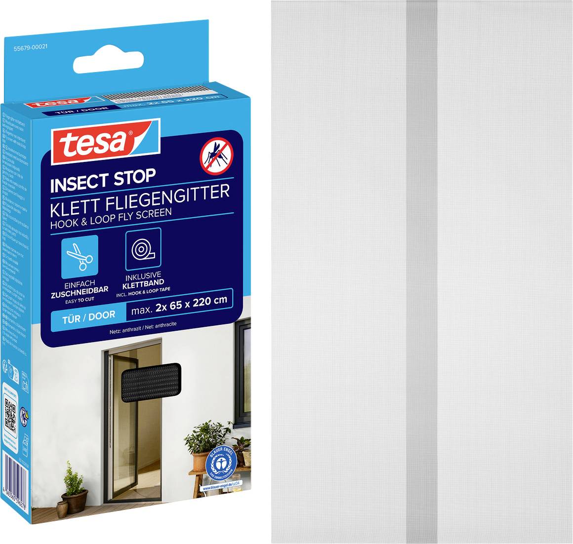 Tesa 'Insect Stop' Klett-Fliegengitter-Türset in einer Schachtel neben einem weißen Mesh-Vorhangpanel, mit Produktmerkmalen und Türgröße 2 x 65 x 220 cm.