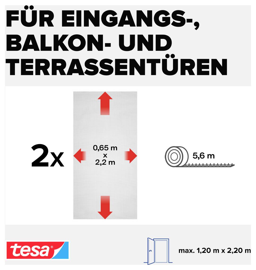 Anzeige für tesa-Fenster-Insektenschutze für Eingangstüren, Balkon- und Terrassentüren, bestehend aus 2 Stücken, Größe 0,65 m x 2,2 m, für max. 1,20 m x 2,20 m Türen, mit 5,6 m Rollenlänge.