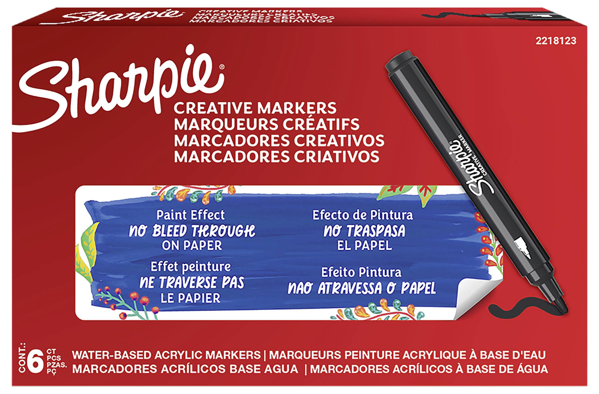 Rote Sharpie-Kreativmarkerset mit schwarzem Markerbild und Etikett, das 6 wasserlösliche Acrylmarker für Farbeffekte auf Papier zeigt.