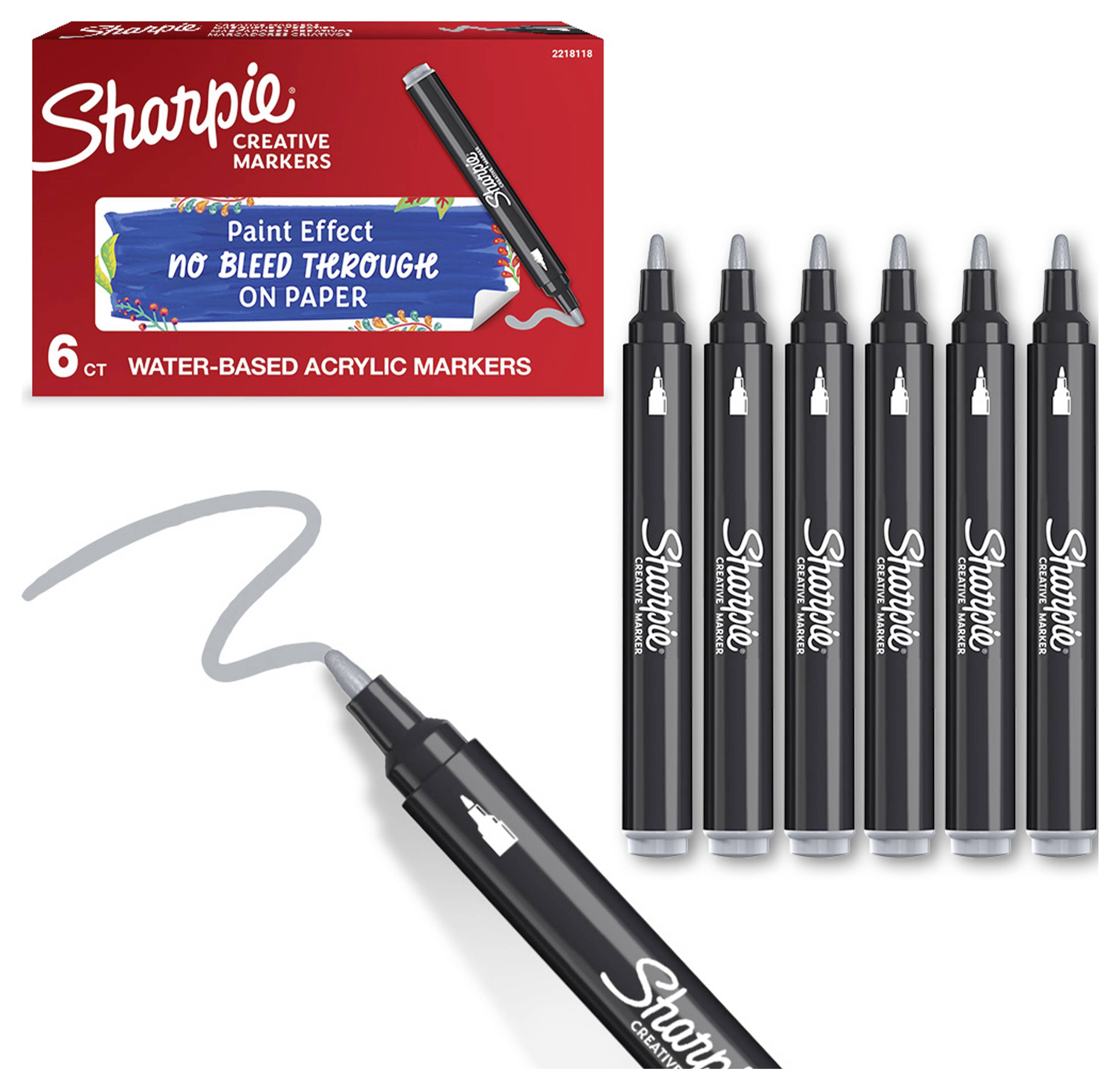 Verpackungsbild für Sharpie Creative Markers, 6er-Pack wasserbasierten Acrylmarker, zeigt schwarze Marker und einen Farbeffektstrich in Grau mit der Aussage „kein Durchbluten auf Papier