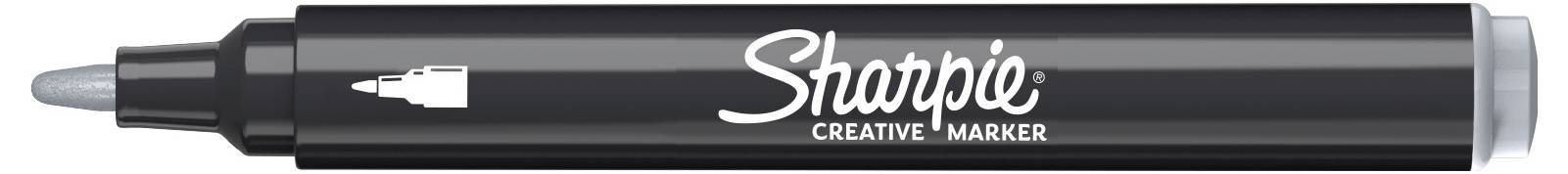 Schwarzer Sharpie Kreativmarker mit grauer Kappe und grauer Spitze, horizontal auf weißem Hintergrund dargestellt.