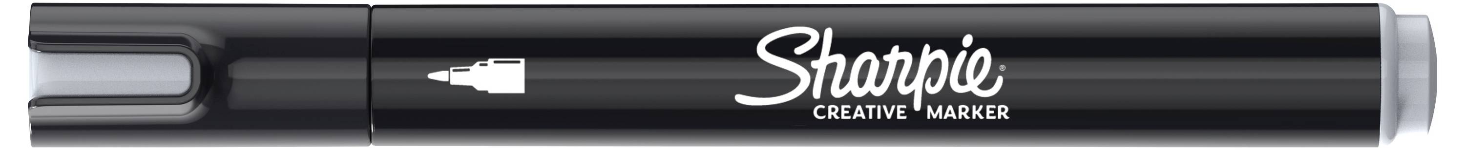 Schwarzer Sharpie Kreativmarker horizontal dargestellt, mit Kappe auf der linken Seite und weißem Sharpie-Logo auf dem Schaft.