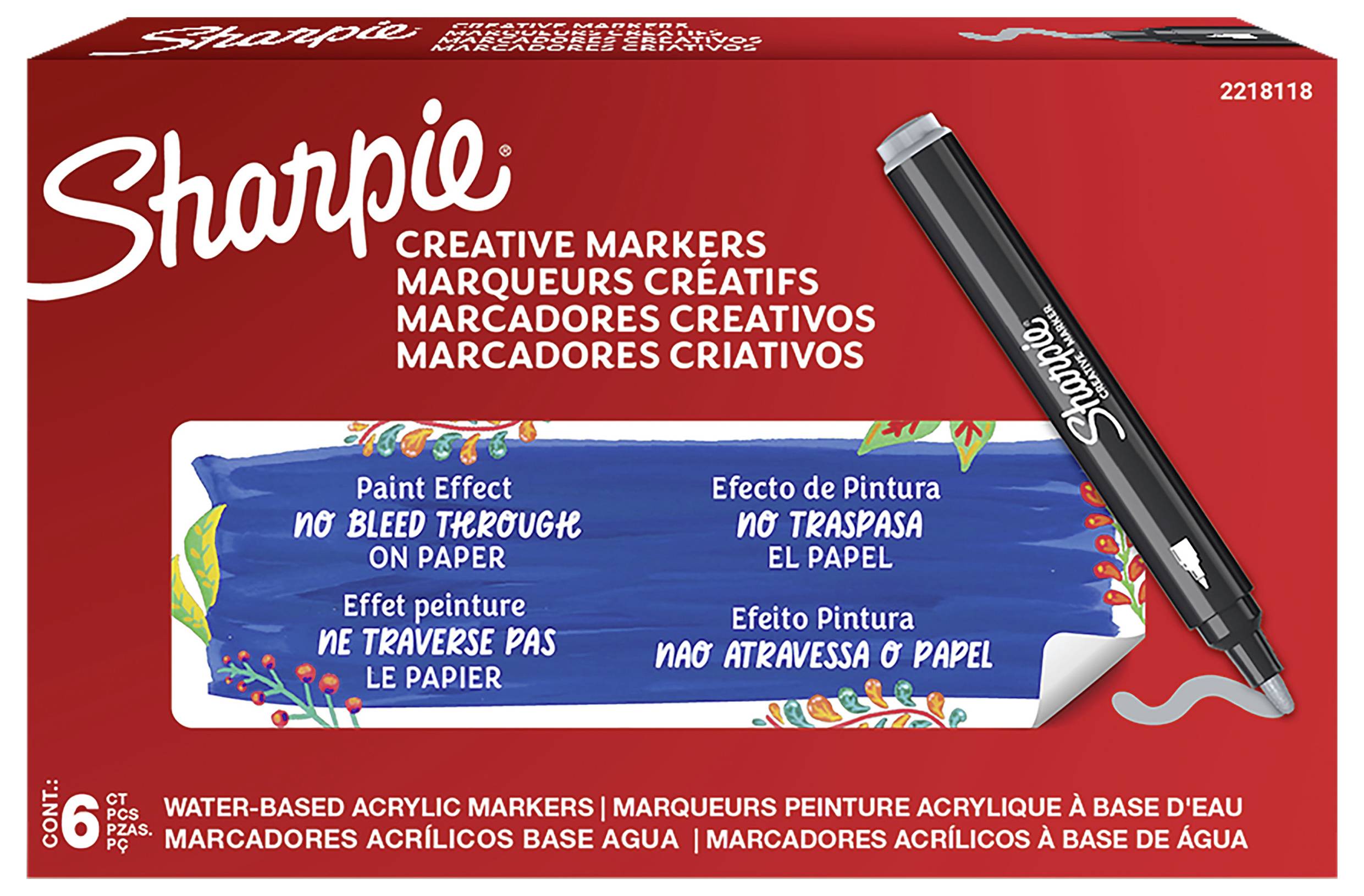 Sharpie Creative Marker 6er-Set in roter Verpackung, mit einem schwarzen Marker abgebildet und Etikettentext, der 