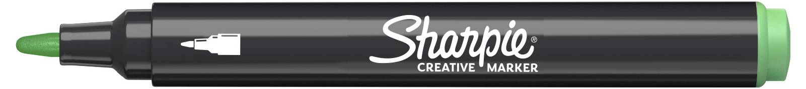 Schwarzer Sharpie Creative Marker mit grüner Kappe und Spitze, horizontal auf weißem Hintergrund gezeigt.