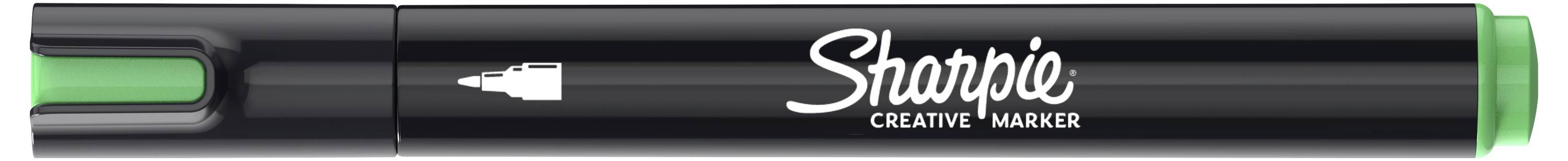 Ein schwarzer Sharpie Creative Marker mit grüner Kappe und grüner Spitze, horizontal auf weißem Hintergrund gezeigt.