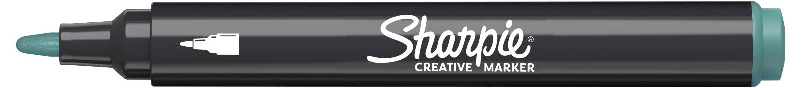 Ein schwarzer Sharpie Creative Marker mit einer graugrünen Kappe und Spitze, horizontal auf weißem Hintergrund dargestellt.