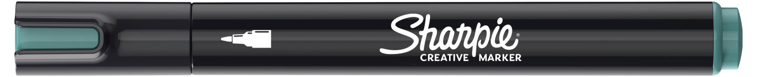Ein schwarzer Sharpie Creative Marker mit blaugrünen Endkappen und feiner Spitze, horizontal auf weißem Hintergrund dargestellt.