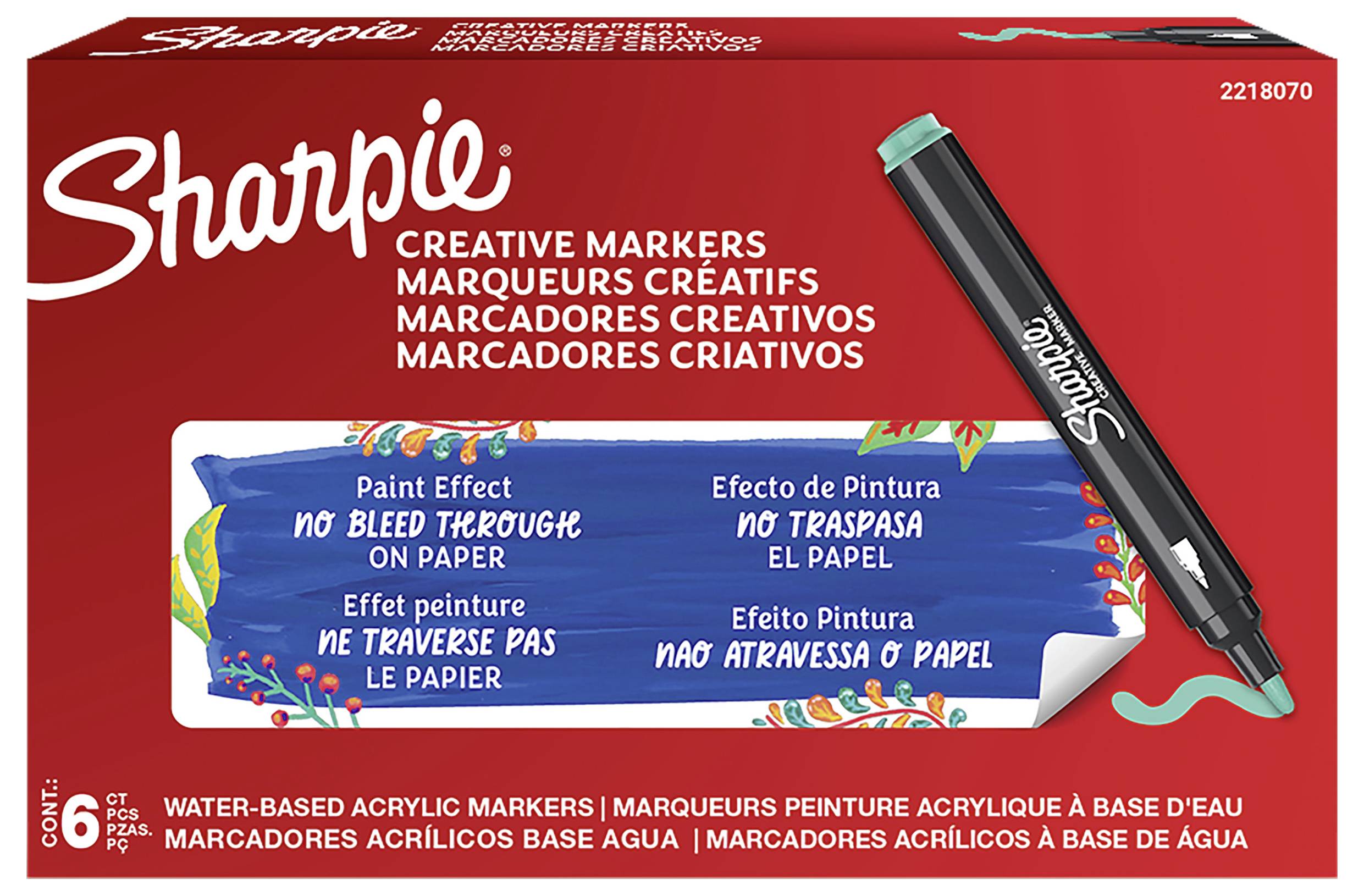 Schachteln mit kreativen Sharpie-Markern, rotes Paket mit einem schwarzen Marker und blauem Etikett, das wasserbasierten Acrylfarben-Effekt-Marker bewirbt, 6er Packung.