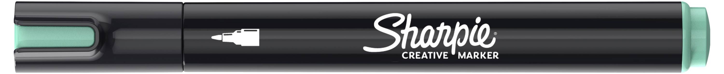 Ein schwarzer Sharpie Creative Marker mit einer blaugrünen Kappe und Spitze, horizontal auf weißem Hintergrund dargestellt.