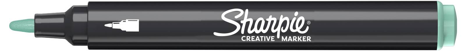Ein schwarzer Sharpie Creative Marker mit einer Kappe und Spitze in Blaugrün, dargestellt in Seitenansicht auf weißem Hintergrund.