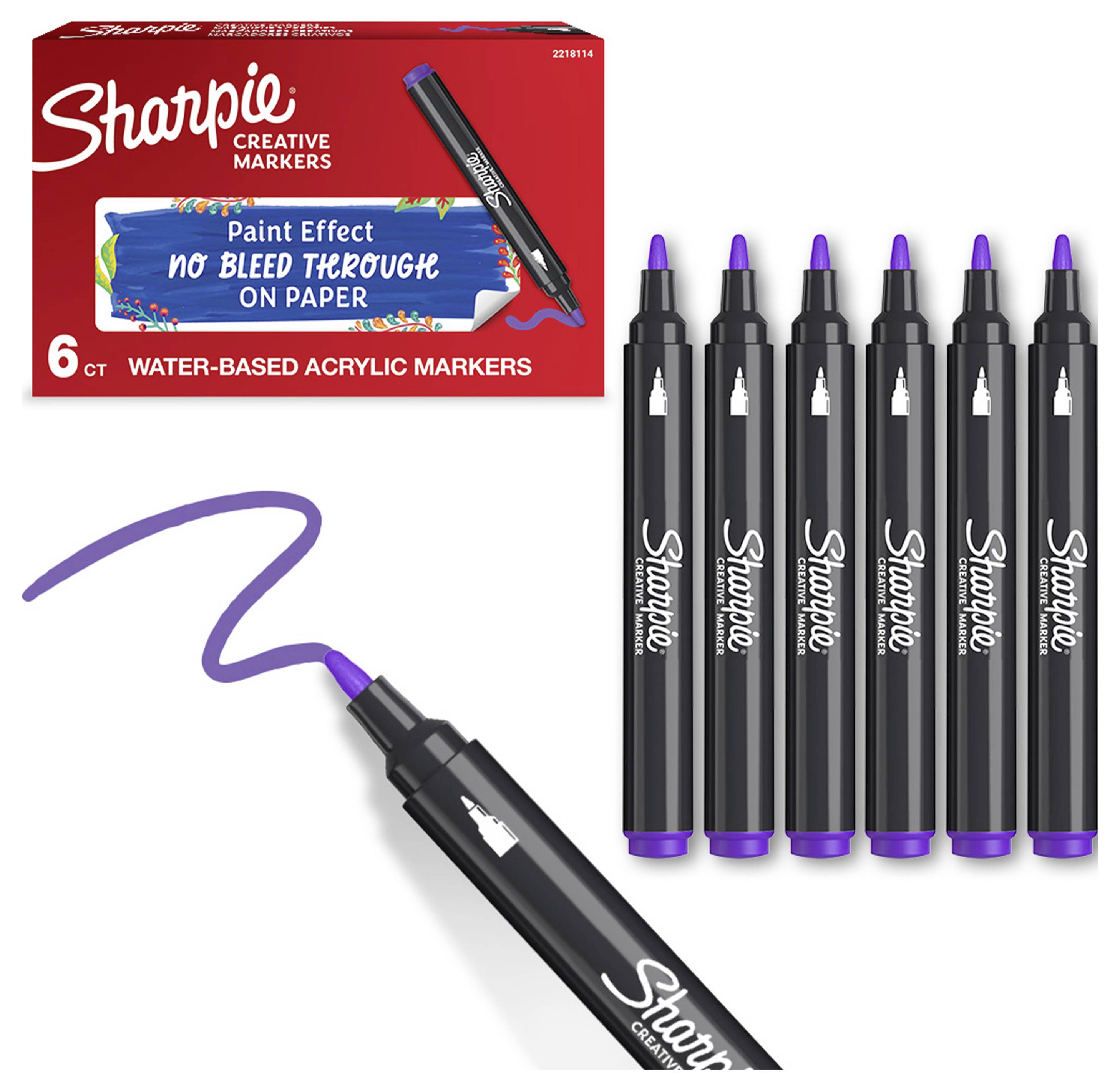 Sharpie Creative Marker 6er-Pack schwarzer wasserlöslicher Acrylic-Marker mit violetten Spitzen, zeigt eine violette Linie und kein Durchblutungon Papier.