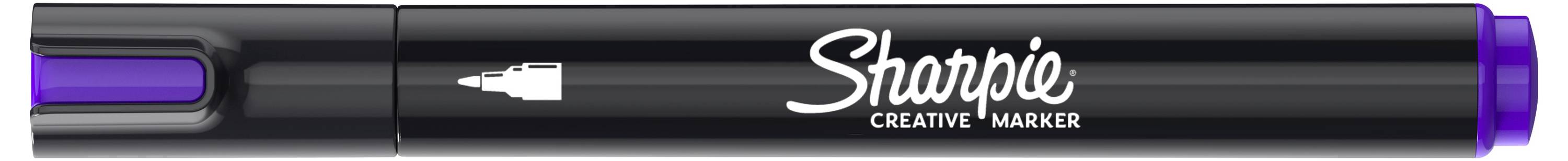 Schwarzer Sharpie Creative Marker mit violetten Kappenden und Spitze, horizontal auf weißem Hintergrund dargestellt.