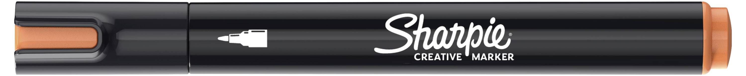 Ein schwarzer Sharpie Creative Marker mit orangefarbenen Enden, horizontal auf weißem Hintergrund dargestellt.
