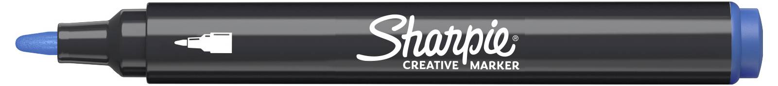 Schwarzer Sharpie Kreativmarker mit blauer Kappe und Spitze, dargestellt in Seitenansicht auf weißem Hintergrund.