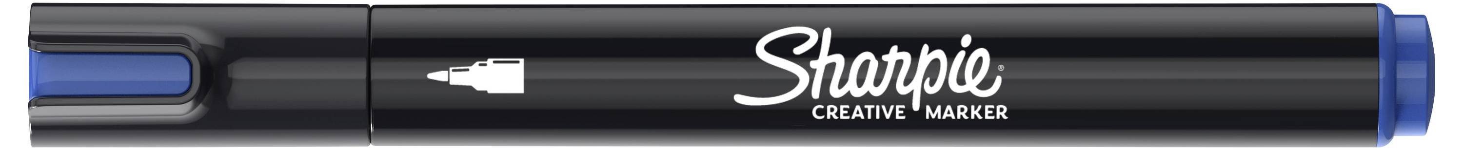 Nahaufnahme eines schwarzen Sharpie Creative Markers mit blauen Kappe an den Enden und weißem Sharpie-Branding auf dem Schaft.