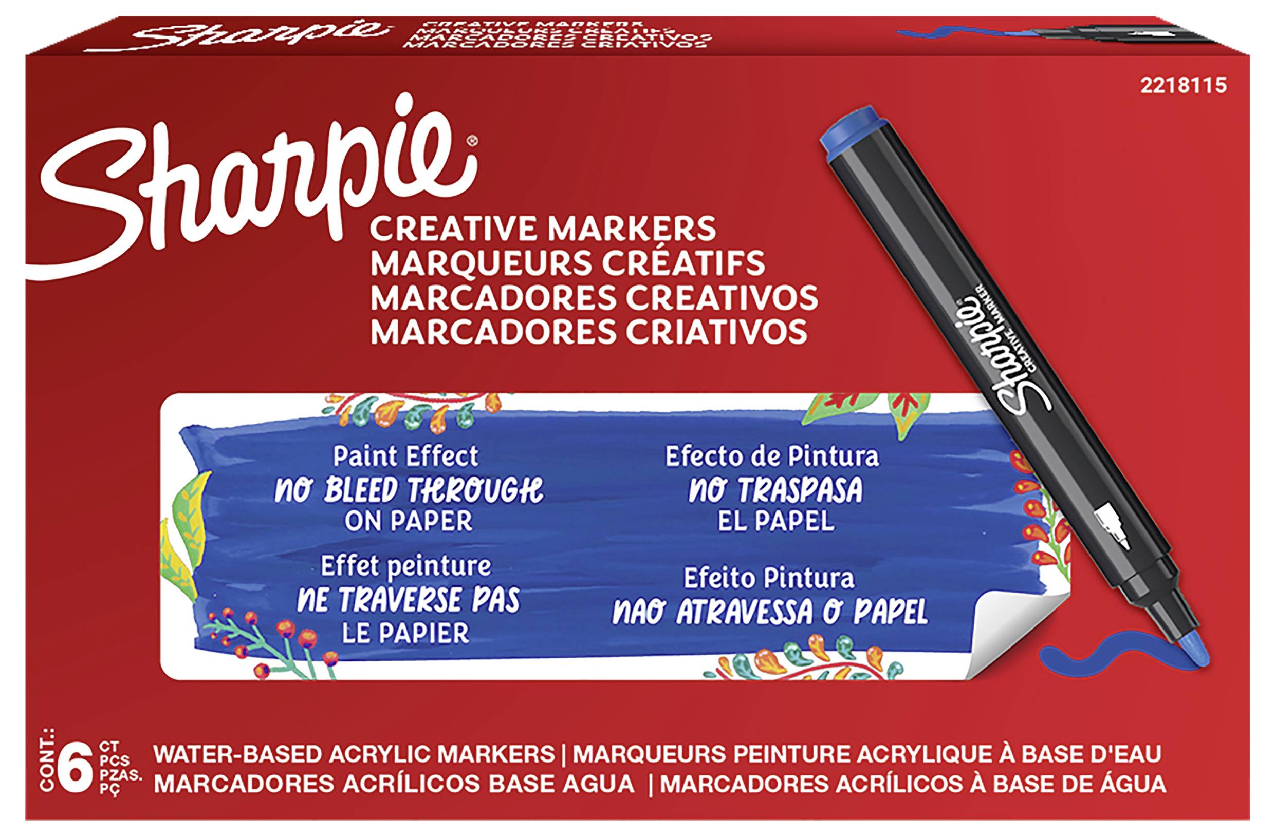 Sharpie Creative Marker 6er-Packung mit schwarzen, wasserbasierten Acrylfarben-Markern in einer roten Schachtel mit Farbeffekt-Darstellung und Garantie gegen Durchschlag.