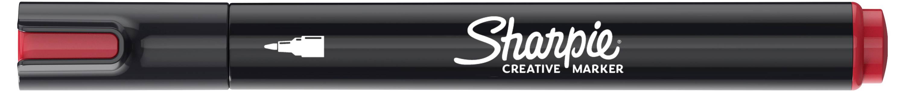 Nahaufnahme eines schwarzen Sharpie Creative Markers mit roten Hutapplikationen, horizontal angeordnet.